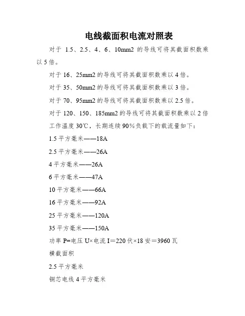 电线截面积电流对照表