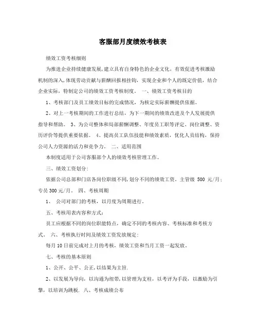 客服部月度绩效考核表