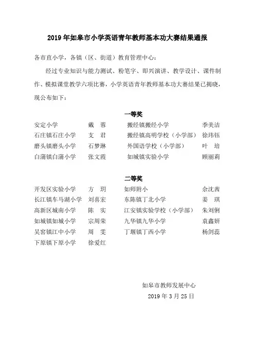 2019年如皋市小学英语青年教师基本功大赛结果通报
