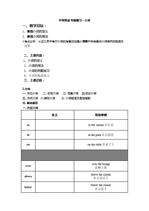 英语人教版九年级全册中考英语 专题复习---介词教学设计