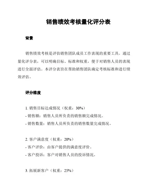 销售绩效考核量化评分表