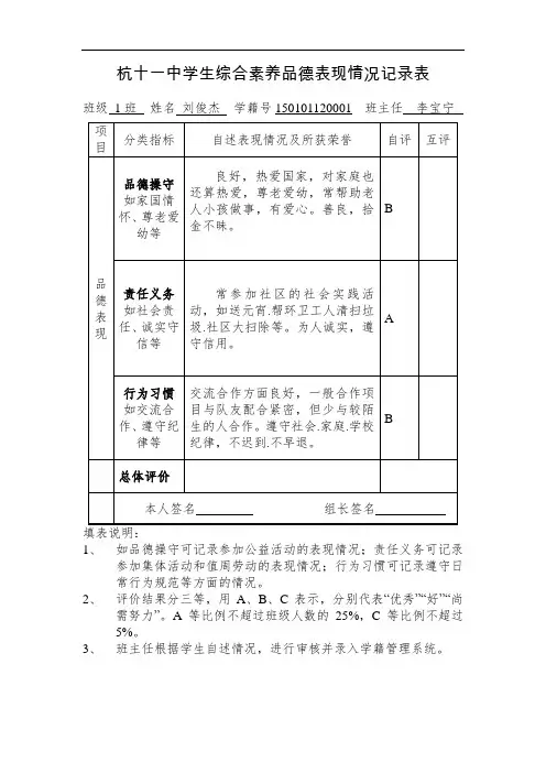 杭十一中学生综合素养品德表现情况记录表