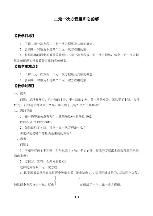 二元一次方程组和它的解 优秀教案