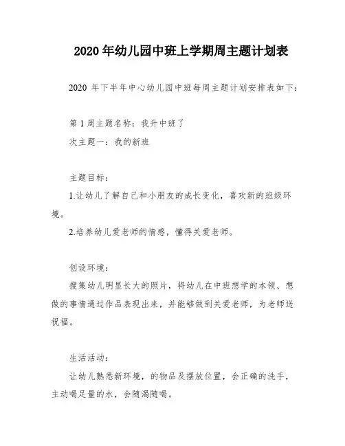 2020年幼儿园中班上学期周主题计划表