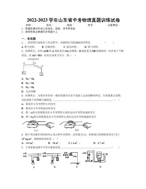 2022-2023学年山东省中考物理真题训练试卷附解析