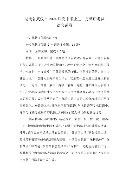 湖北省武汉市2024届高中毕业生二月调研考试语文试卷
