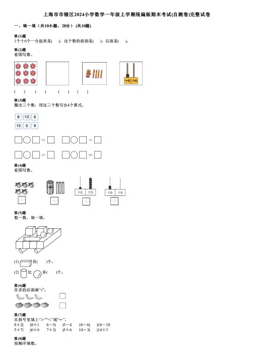 上海市市辖区2024小学数学一年级上学期统编版期末考试(自测卷)完整试卷
