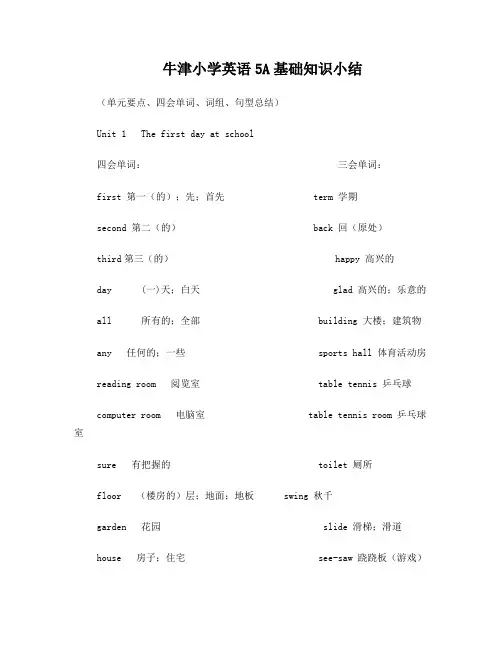 牛津小学英语5A单词、词组、句型小结