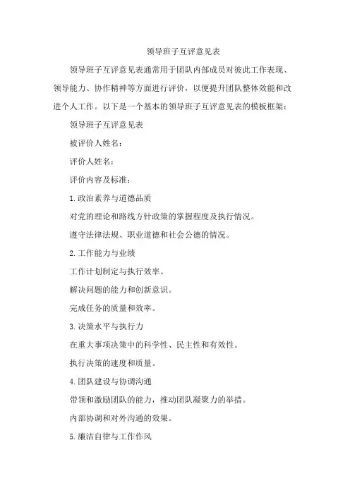 领导班子互评意见表