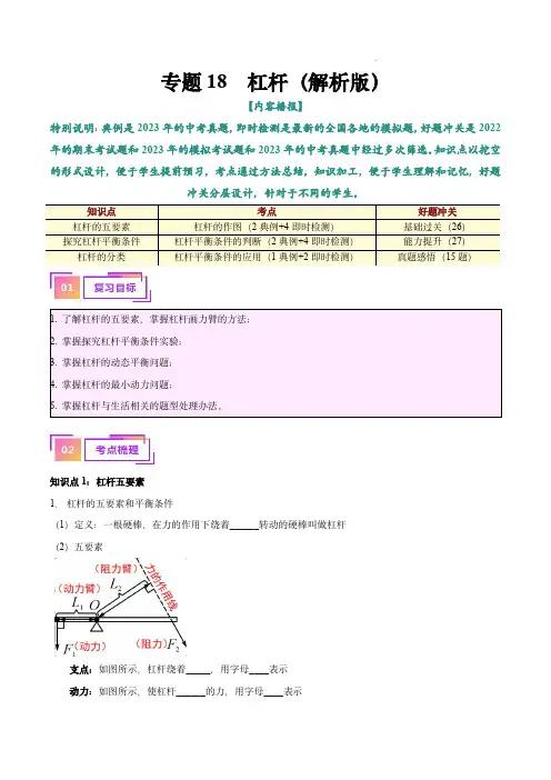 备战2024年中考物理复习考点帮(全国通用)专题18  杠杆(解析版)