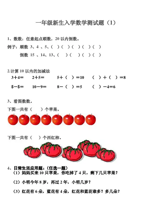 (完整版)一年级新生入学数学测试题(3套)