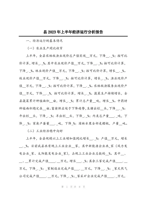 2023年县2023年上半年经济运行分析报告