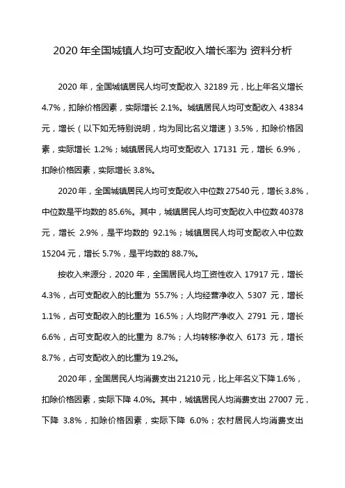 2020年全国城镇人均可支配收入增长率为 资料分析