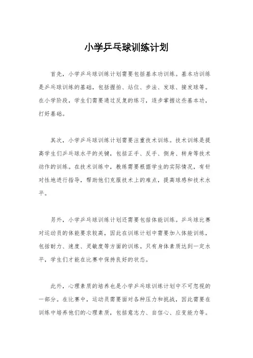 小学乒乓球训练计划