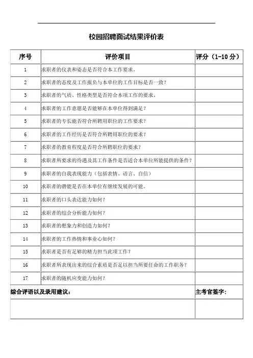 校园招聘面试结果评价表