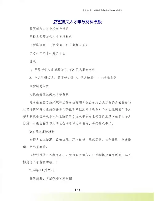 县管拔尖人才申报材料模板