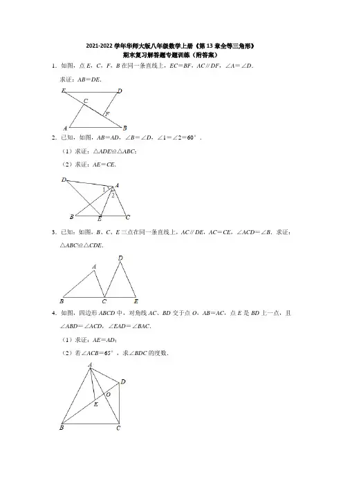 2021-2022学年华师大版八年级数学上册《第13章全等三角形》期末复习解答题专题训练(附答案)