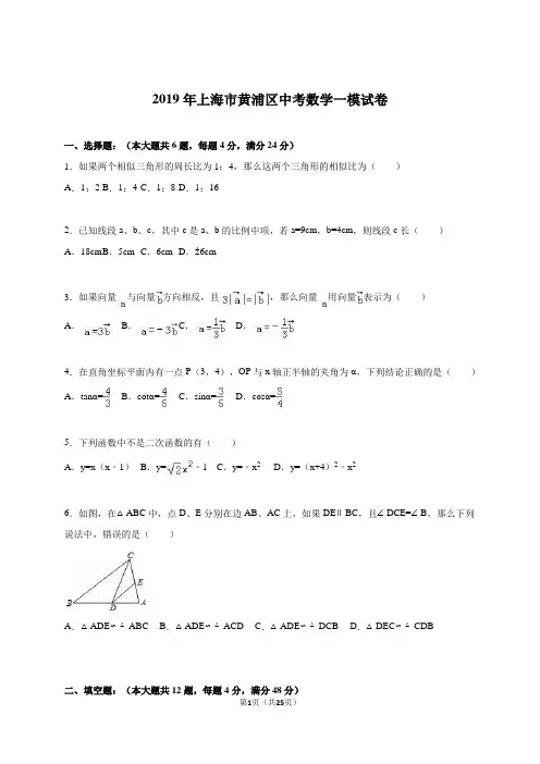 上海市黄浦区2019年中考数学一模试卷含答案解析