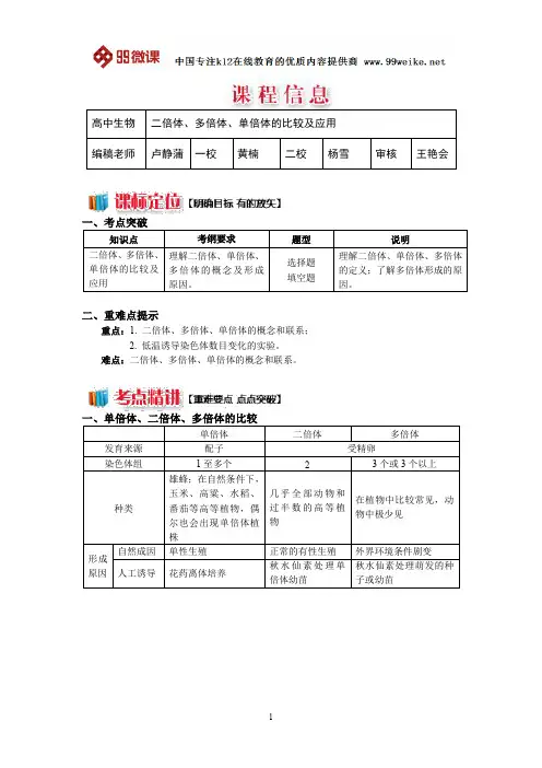 【2018新课标 高考必考知识点 教学计划 教学安排 教案设计】高一生物：二倍体、多倍体、单倍体的比较及应用