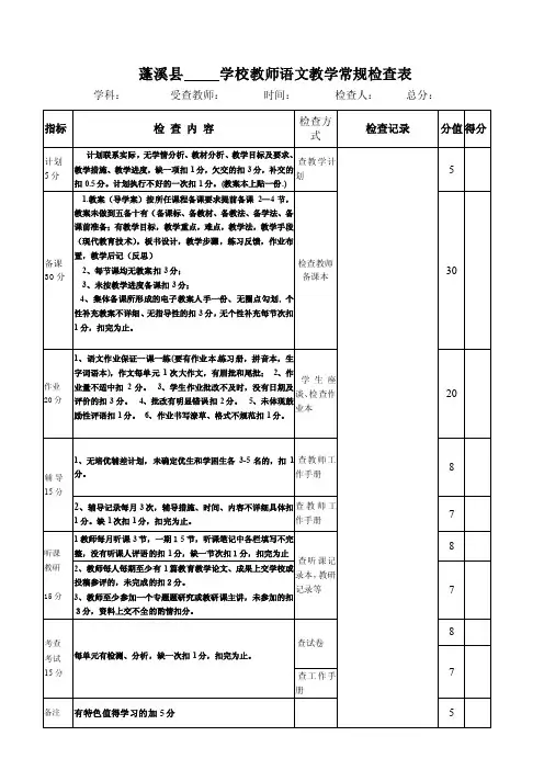 小学语文教学常规检查表1