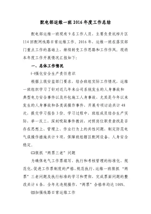 配电部运维一班2016年度工作总结