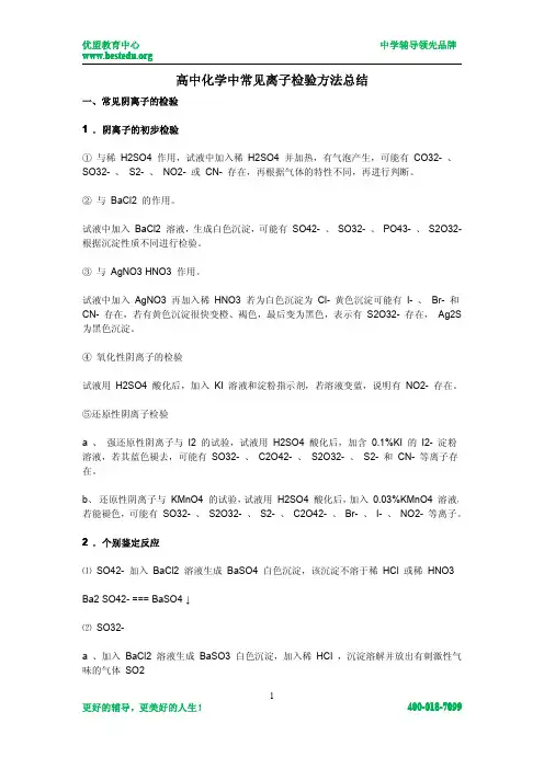 高中化学中常见离子检验方法总结