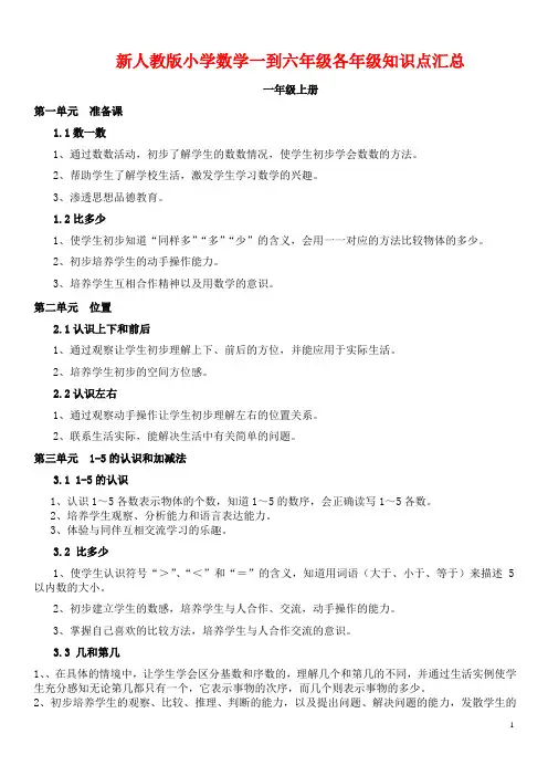 新人教版小学数学一到六年级各年级知识点汇总