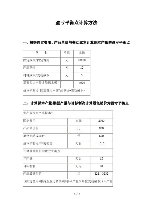 盈亏平衡点计算方法