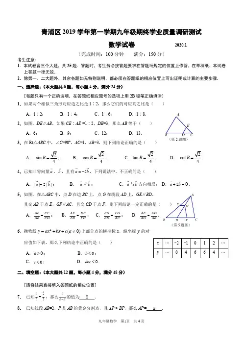 青浦区2019学年初三一模数学试卷含答案