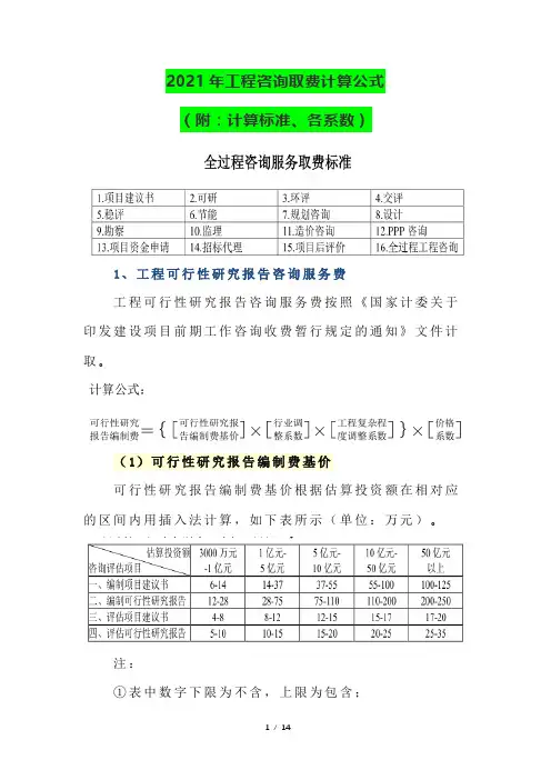 2021年工程咨询取费计算公式(附：计算标准、各系数)