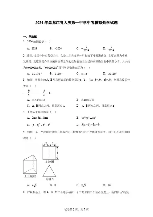 2024年黑龙江省大庆第一中学中考模拟数学试题