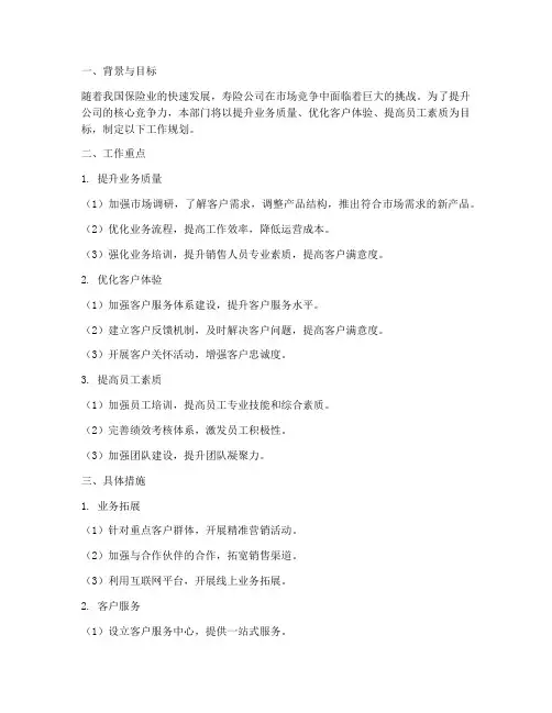 寿险公司部门工作规划
