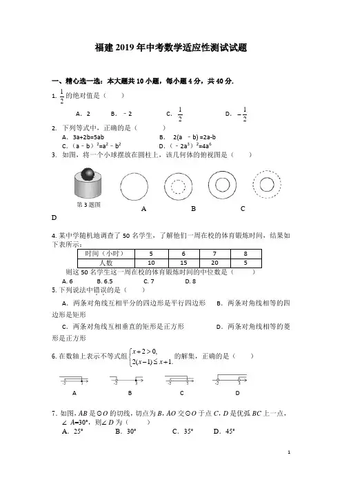福建2019年中考数学适应性测试试题