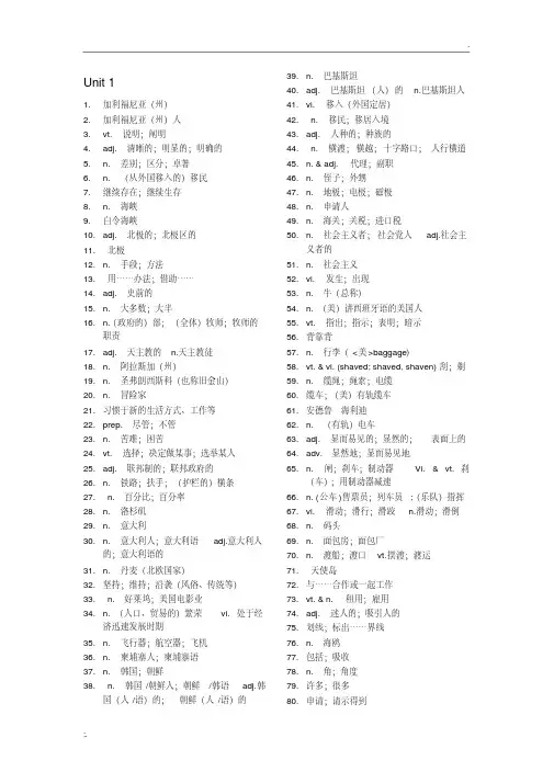 人教版高中英语选修8词汇表--汉语