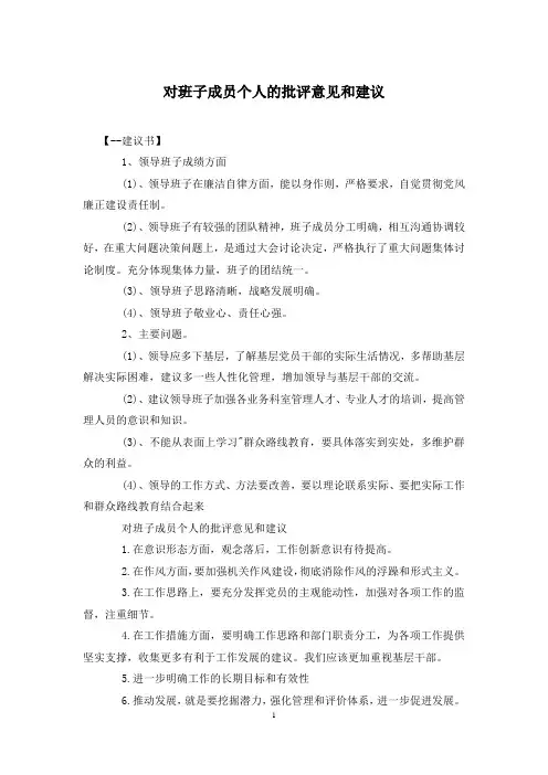 对班子成员个人的批评意见和建议