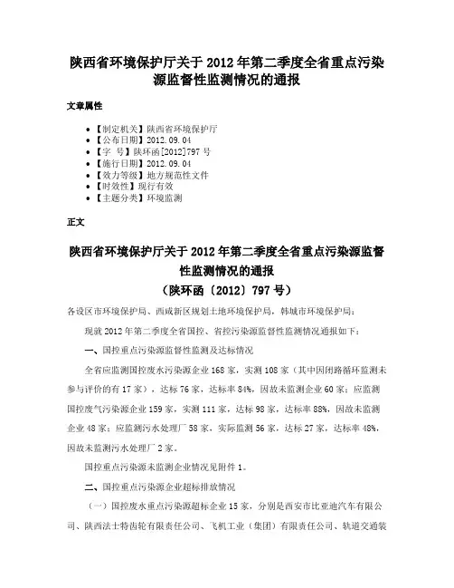 陕西省环境保护厅关于2012年第二季度全省重点污染源监督性监测情况的通报