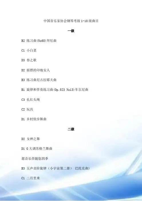 中国音乐家协会钢琴考级1-10级曲目