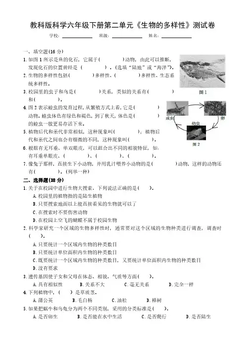教科版科学六年级下册第二单元《生物的多样性》测试卷