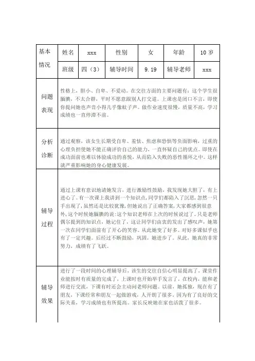 小学生心理健康咨询个案辅导记录表.doc