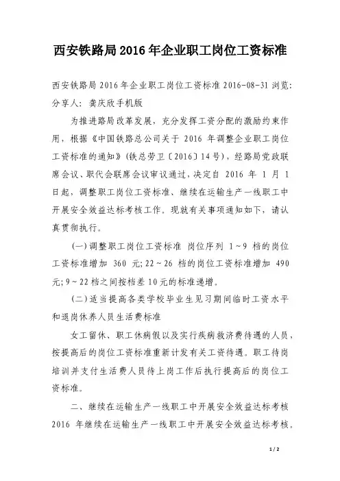 西安铁路局2016年企业职工岗位工资标准