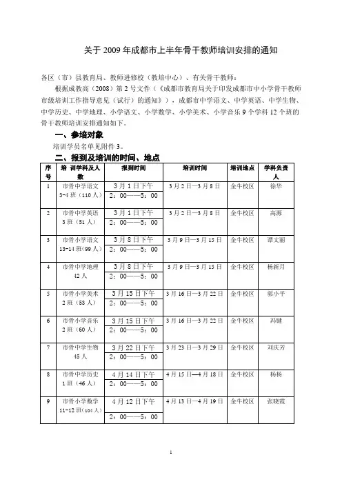 关于2009年成都市上半年骨干教师培训安排的通知