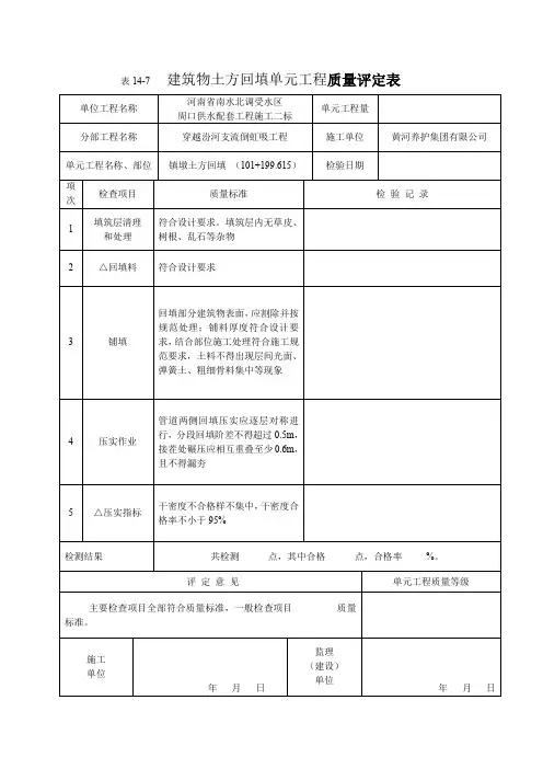 南水北调建筑物土方回填评定表、三检表