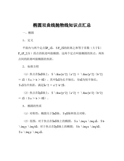 椭圆双曲线抛物线知识点汇总
