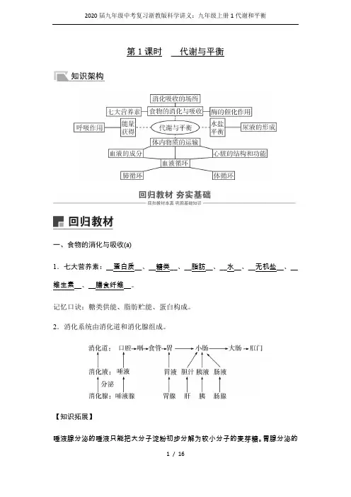 (完整word版)2020届九年级中考复习浙教版科学讲义：九年级上册1代谢和平衡