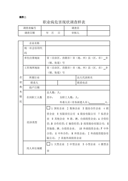 职业病危害现状调查样表