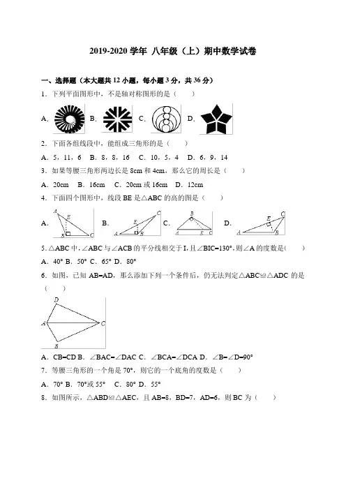 人教版2019-2020学年八年级第一学期期中考试数学试卷含答案