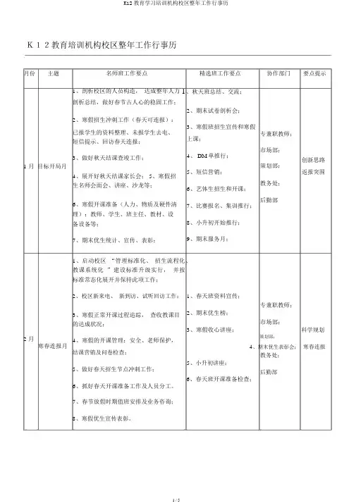 K12教育学习培训机构校区全年工作行事历