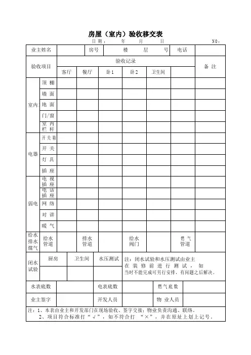 房屋(室内)验收移交表