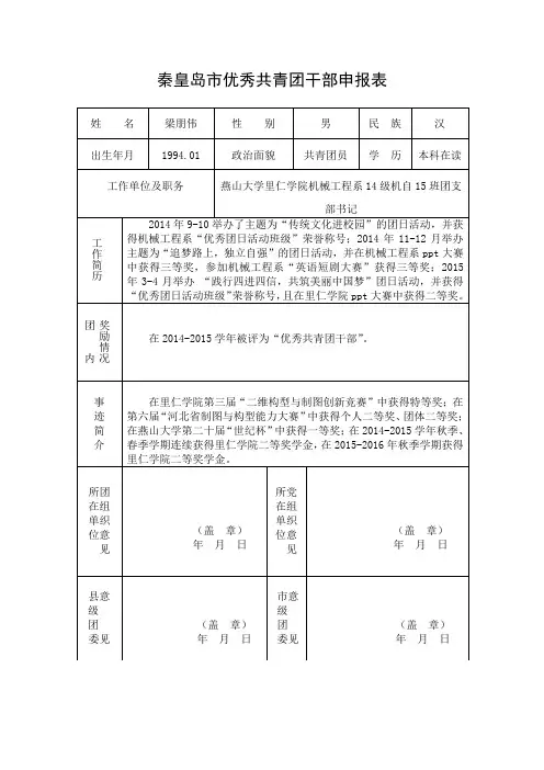 优秀共青团干部申报表
