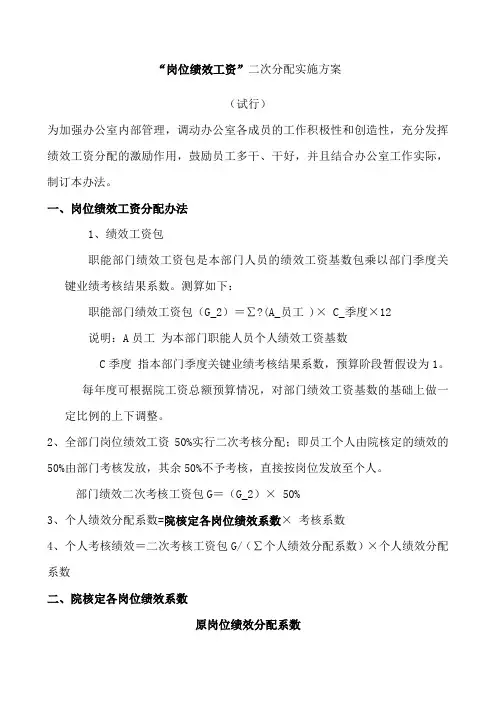 办公室绩效工资二次分配方案